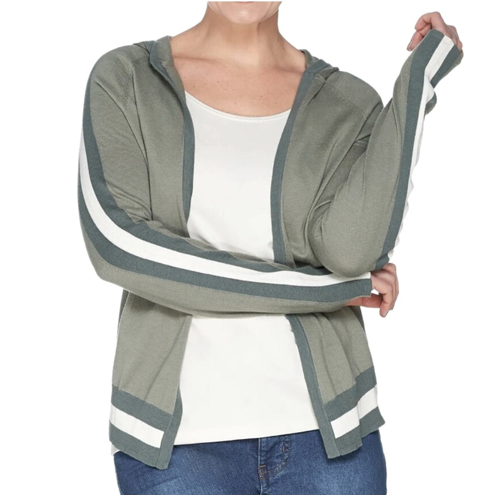 Lisa Rinna Collection lightweight hooded cardigan with stripes on arms. Size XS